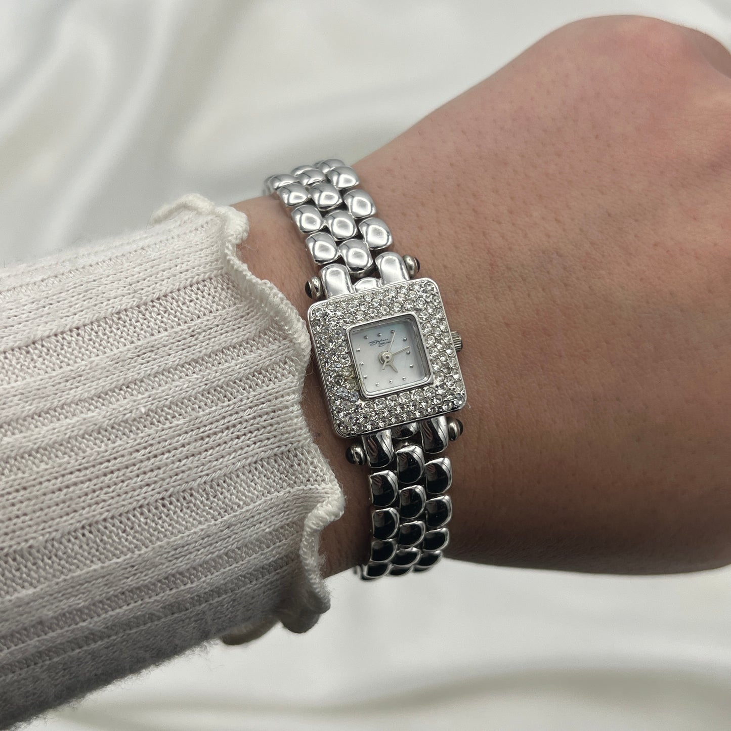 Elegant Diamanté Silver-Tone Watch with Mother of Pearl Dial