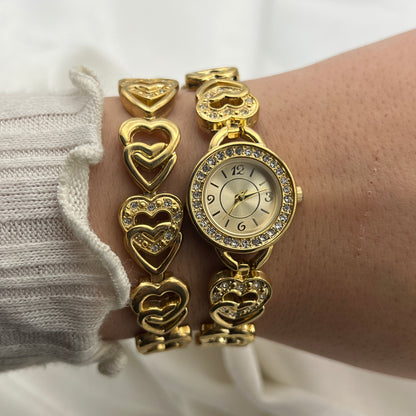 RARE Heart Diamanté Gold-Toned Watch & Bracelet Set