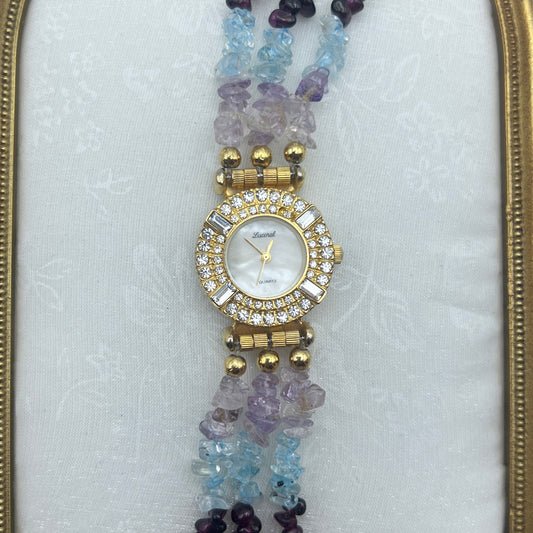 Gold-Toned Lucoral Watch with Multi-Colored Crystal Strap