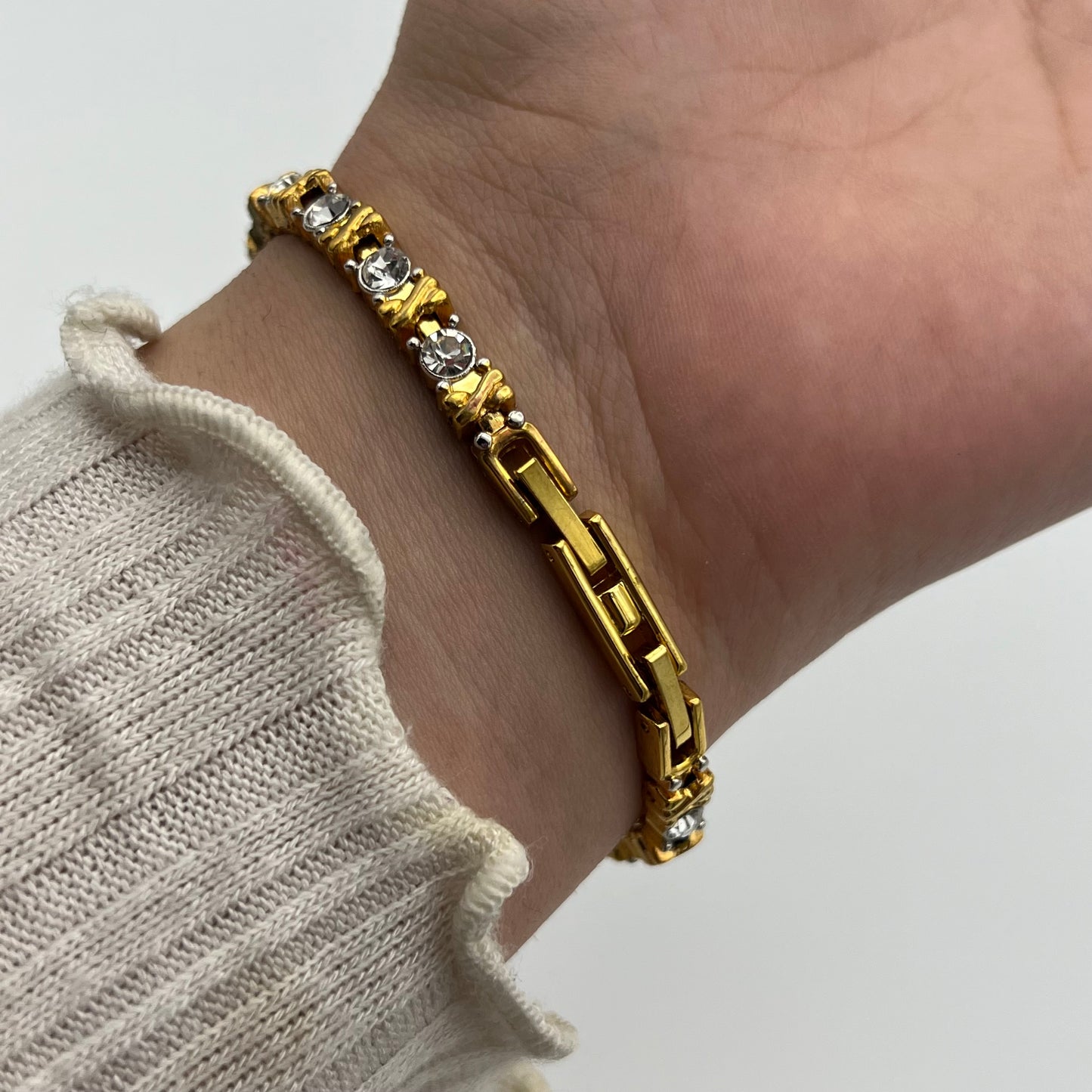 Gold-Toned Diamanté Tennis Bracelet Watch with Mother of Pearl Dial