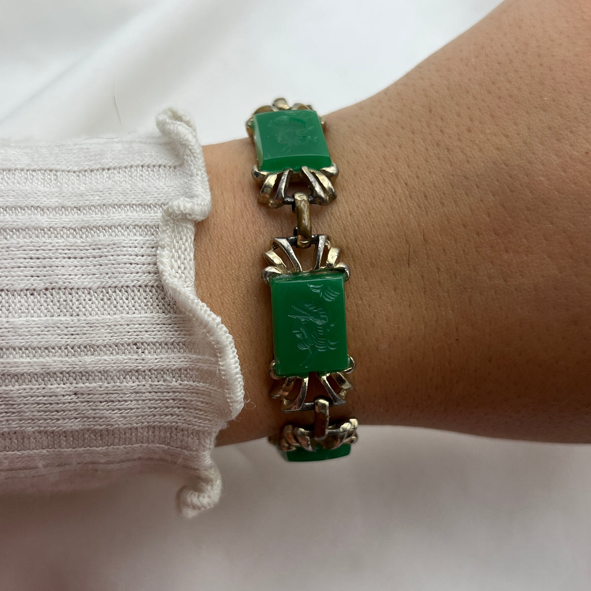 Green Carved Jade-Tone Bracelet