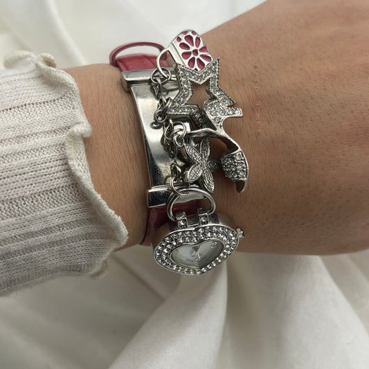 Adorable Heart Charm Pink Leather Watch
