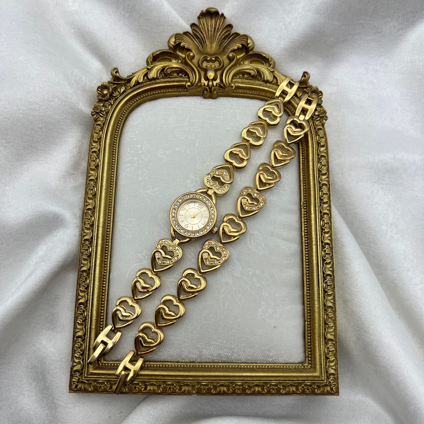 RARE Heart Diamanté Gold-Toned Watch & Bracelet Set