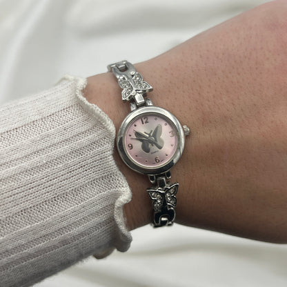 Baby Pink Butterfly Silver-Tone Watch