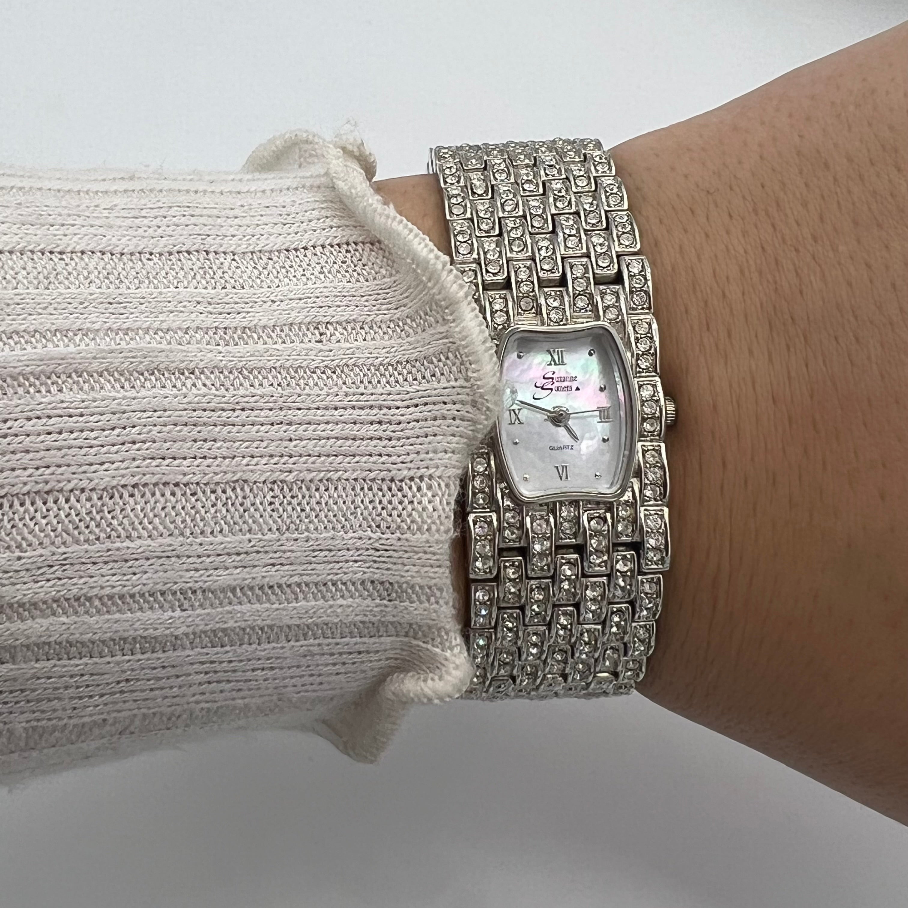 💎 Silver-Toned Diamanté Watch with Mother of Pearl Dial