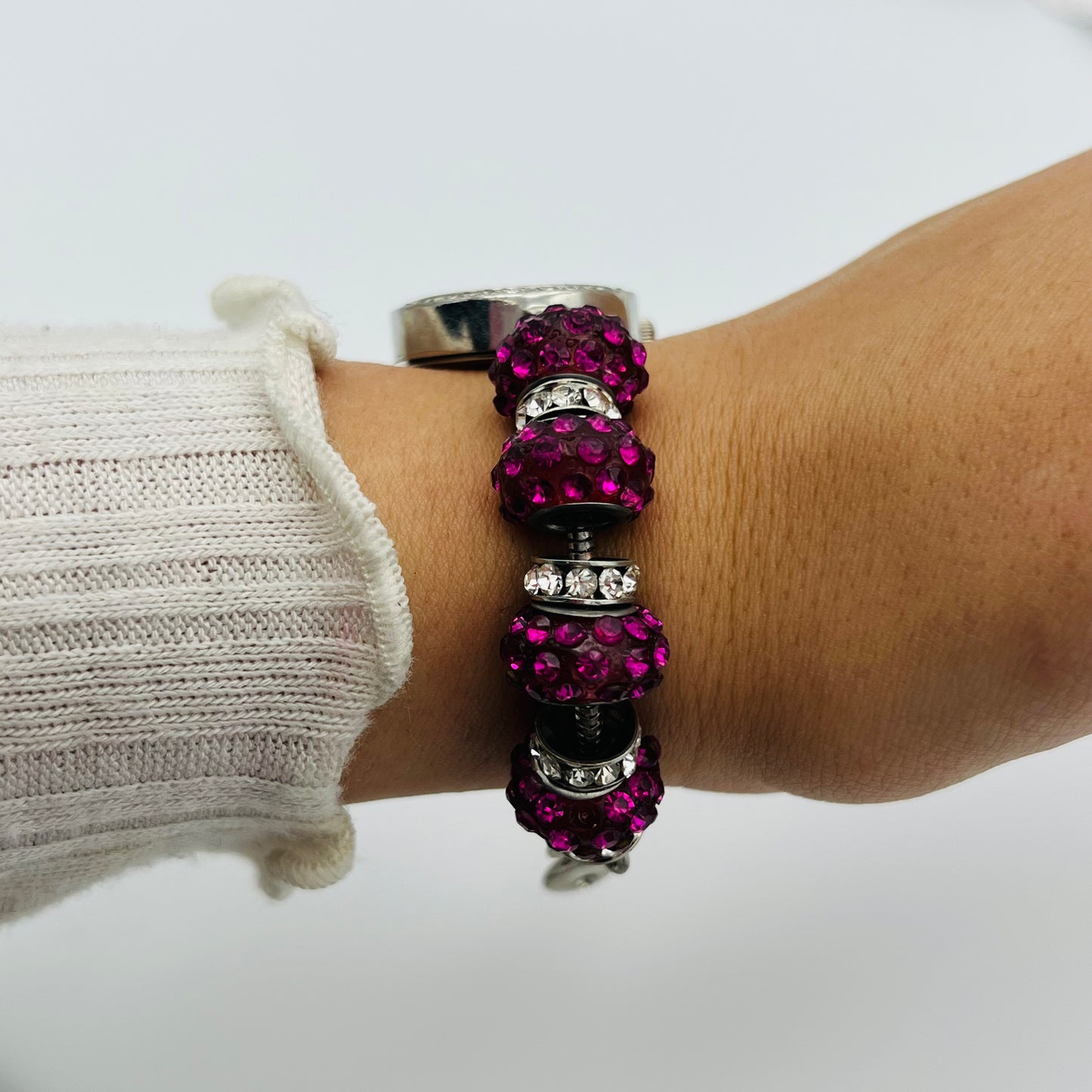 Silver-Toned Watch with Pink Gemstones