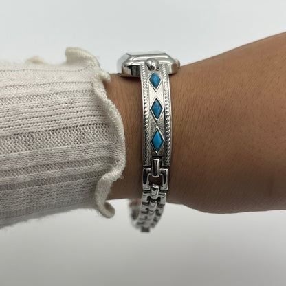 Dainty Silver-Toned Watch with Turquoise Details