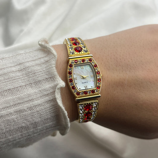 Red Diamanté Gold-Toned Watch