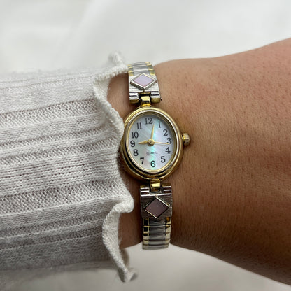 Mother of Pearl Dial Two-Tone Watch with Pink Details