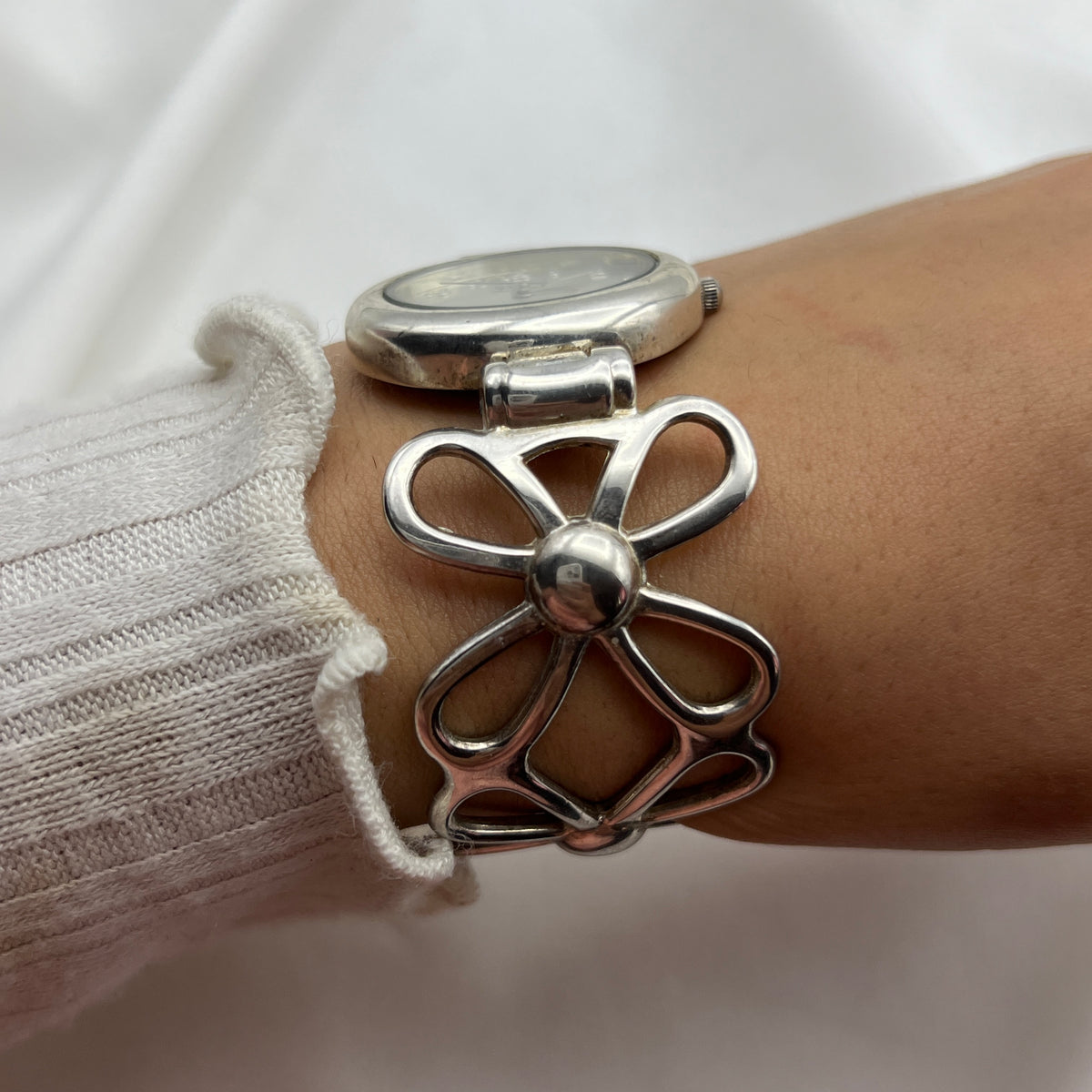 Silver-Tone Flower Cuff Watch