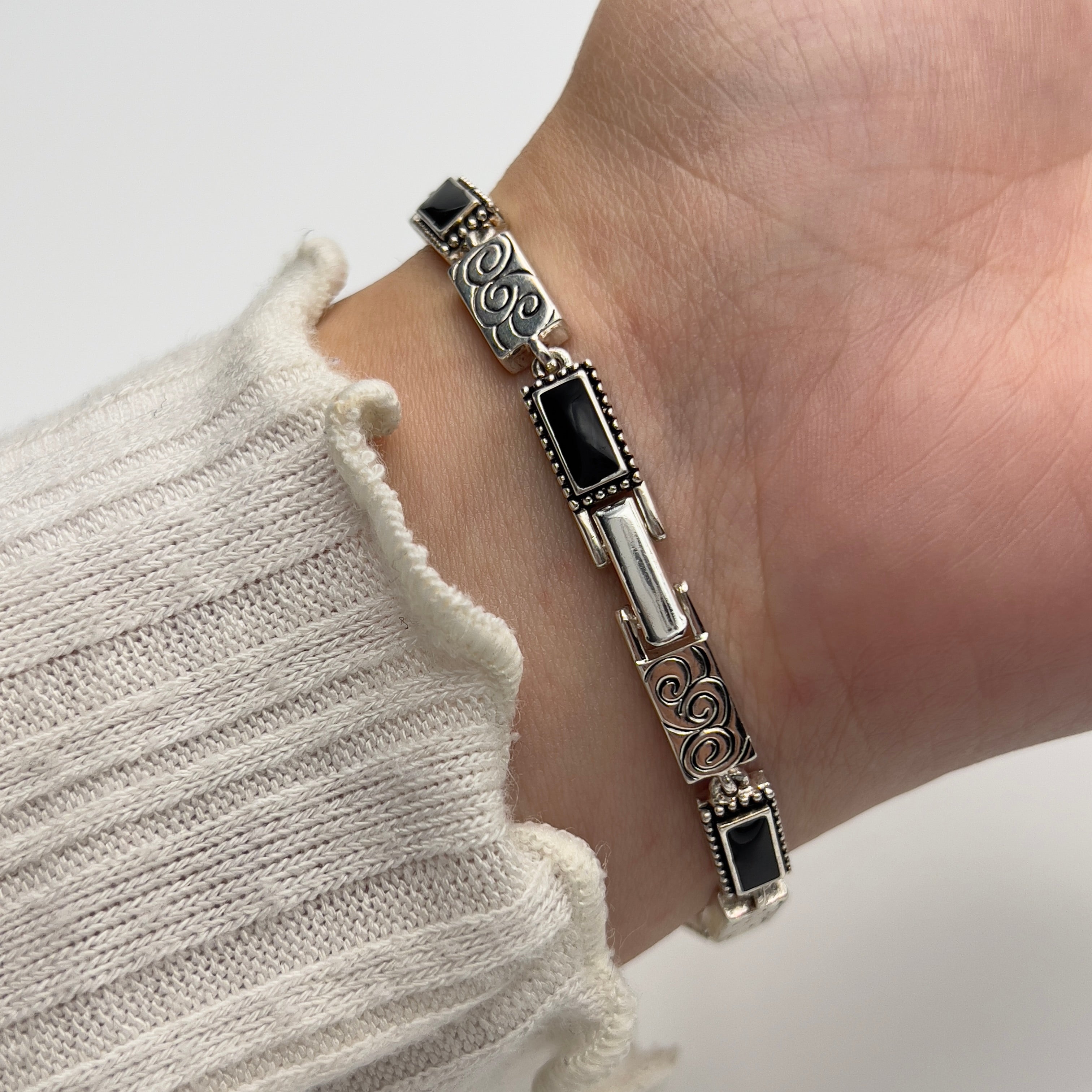 🖤 Silver-Toned Bracelet with Black Detailing