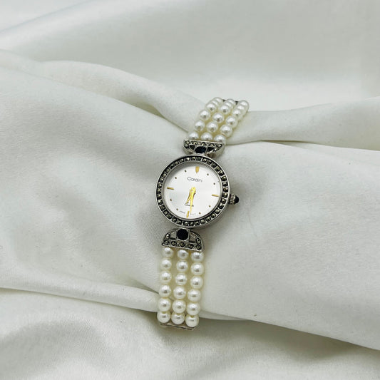 Pearl Diamanté Silver-Toned Watch
