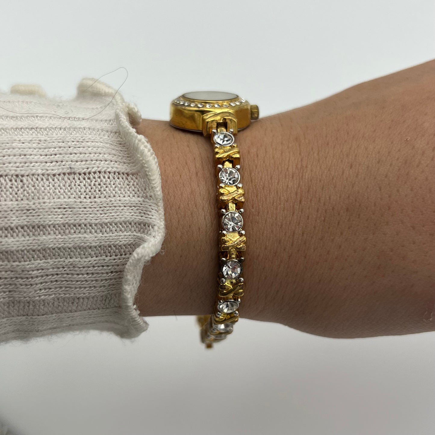 Gold-Toned Diamanté Tennis Bracelet Watch with Mother of Pearl Dial