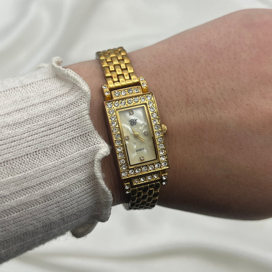 Stunning Diamanté Gold Tone Watch with Mother of Pearl Dial