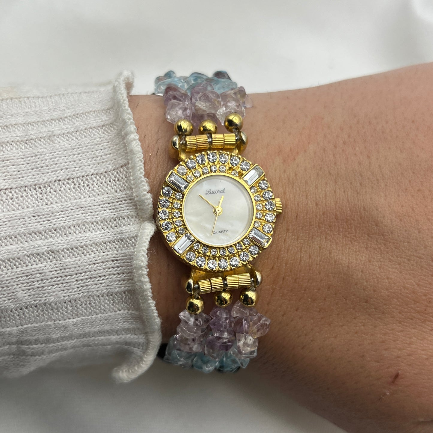 Stunning Lucoral Multi-Strand Gemstone Watch with Mother of Pearl Dial