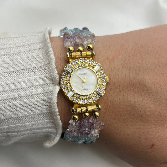 Stunning Lucoral Multi-Strand Gemstone Watch with Mother of Pearl Dial