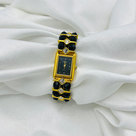 Gold-Toned Watch with Black Crystals