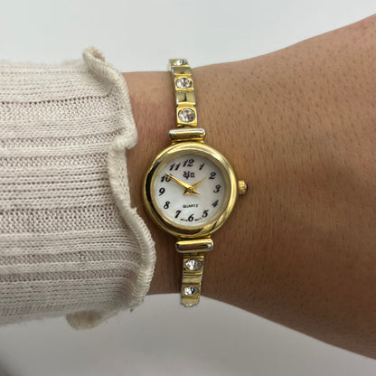 Diamanté Gold-Toned Watch with Mother of Pearl Dial