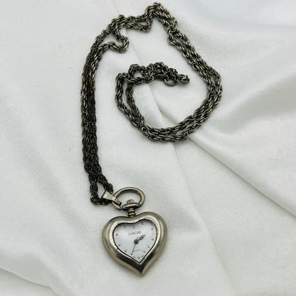 Silver Tone Heart Watch Necklace