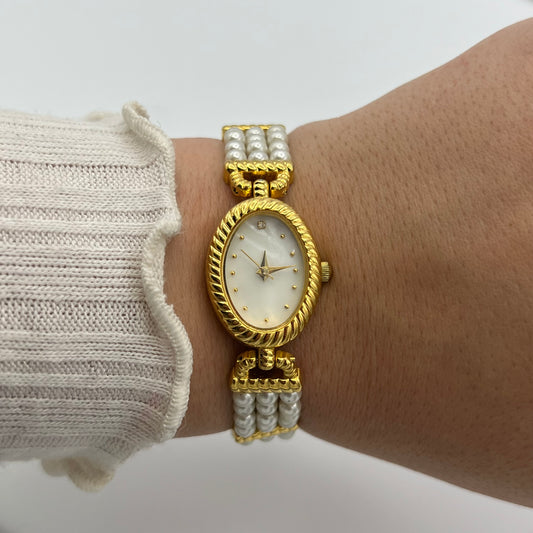 White Beaded Gold-Toned Watch