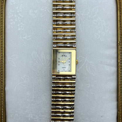 Detailed Gold-Toned Watch with Mother of Pearl Dial