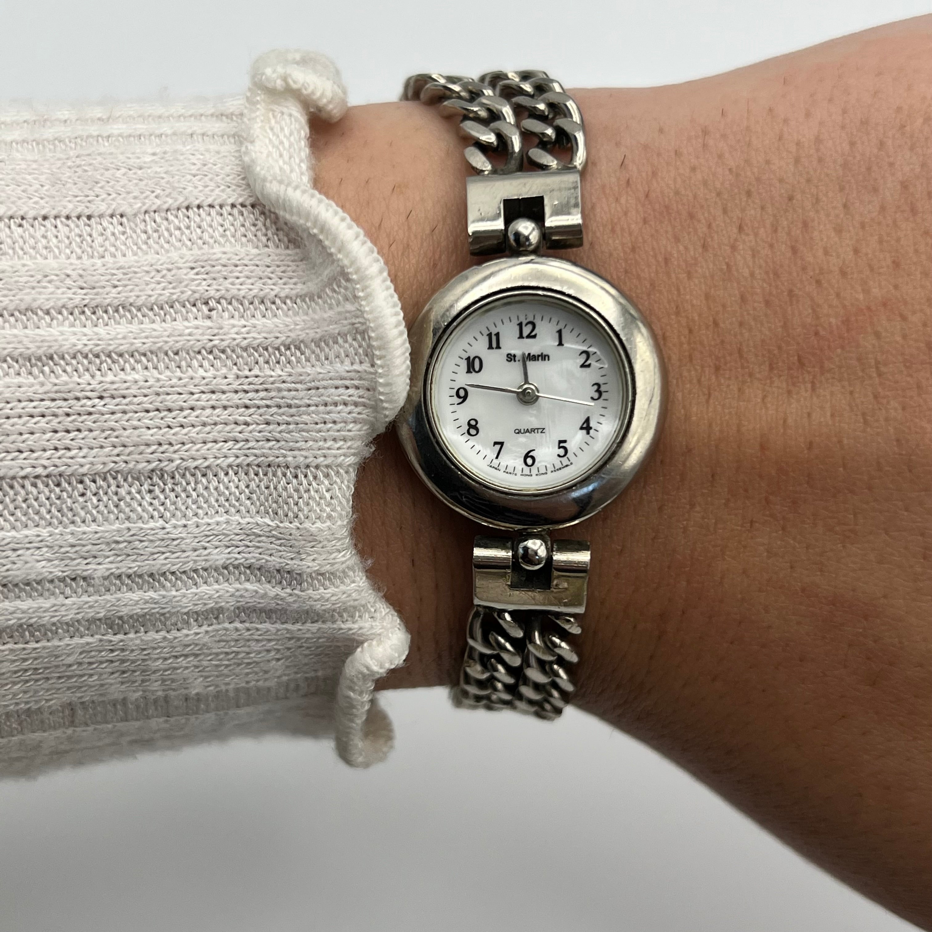 Silver-Toned Watch with Double Chain Strap