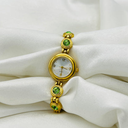 Green Diamante Gold-Toned Watch