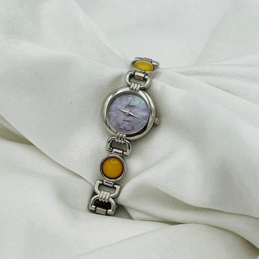Yellow Gemstone Watch with Pink Iridescent Dial