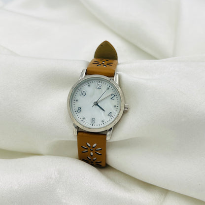 Brown Leather Flower Detailed Watch