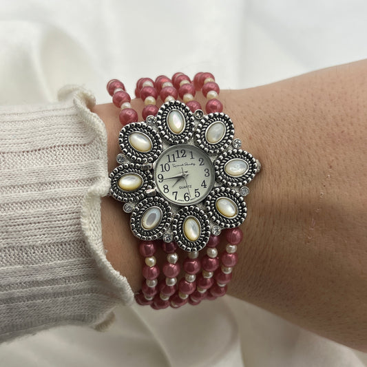 Statement Pink Pearl Flower Gemstone Watch