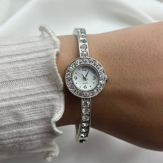 Diamanté Silver-Tone Bangle Watch