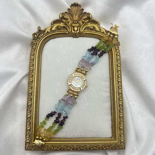 Gold-Toned Lucoral Watch with Multi-Colored Crystal Strap