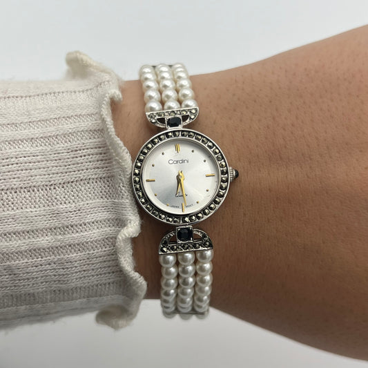 Pearl Diamanté Silver-Toned Watch