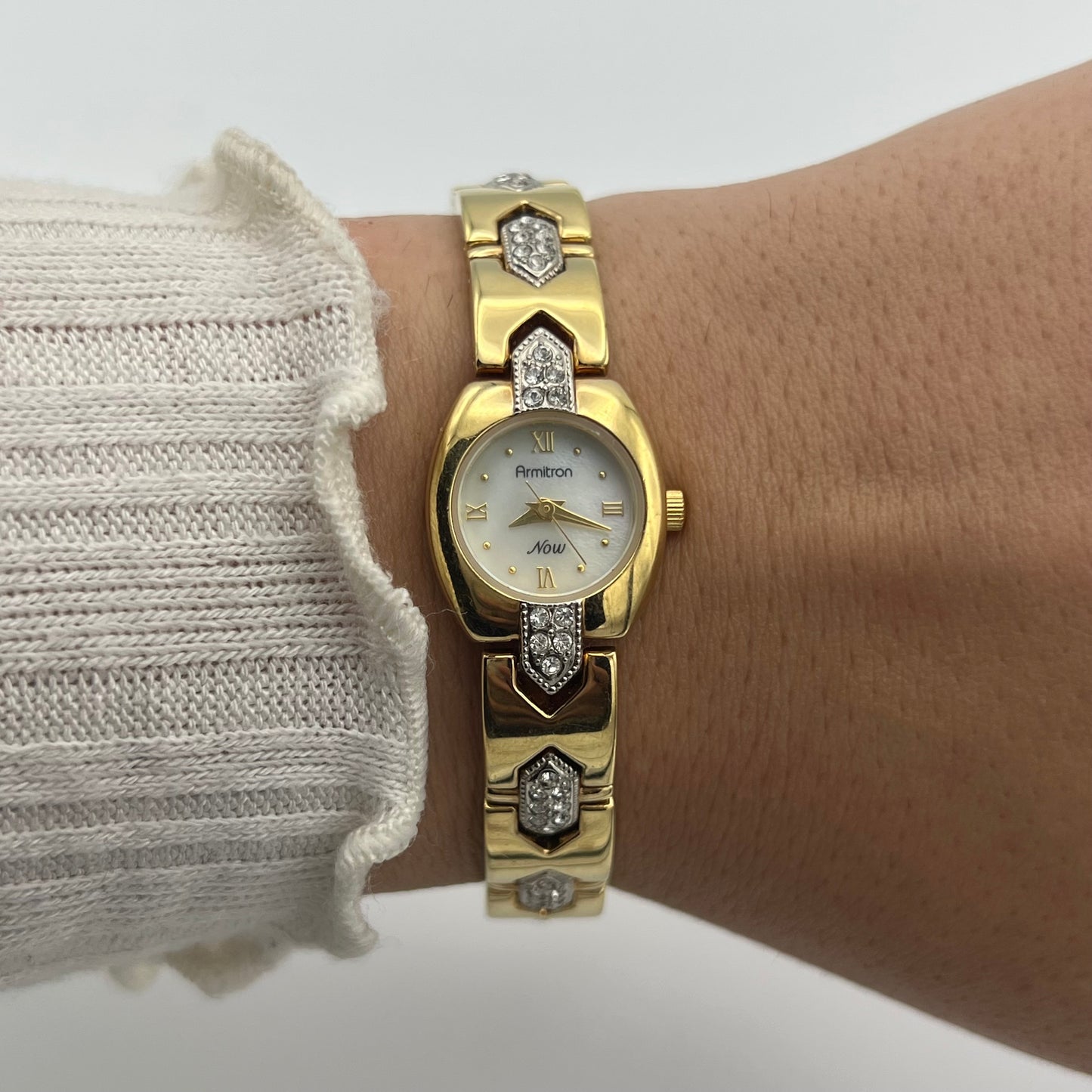 Petite Gold-Toned Diamanté Watch with Mother of Pearl Dial