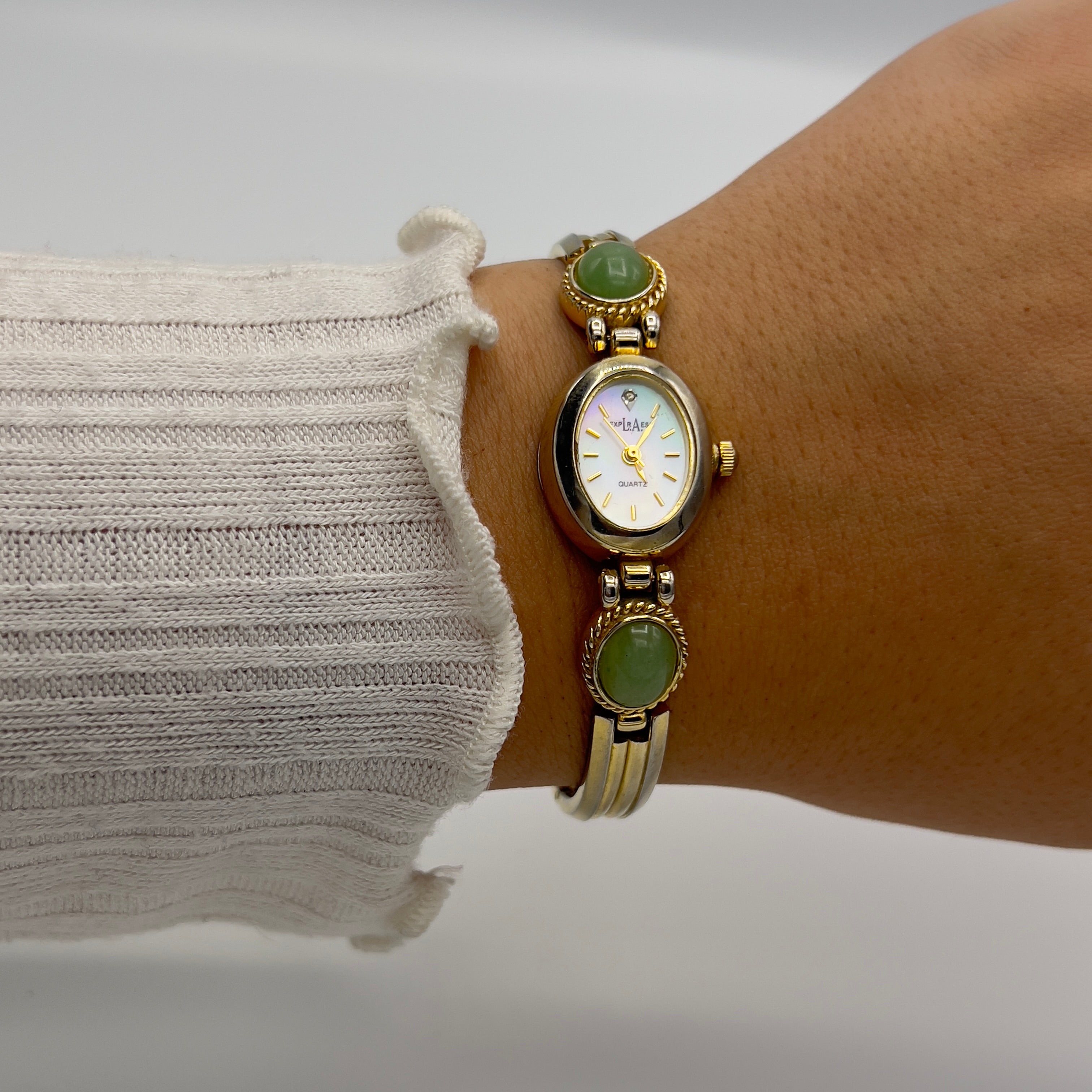 💚 Dainty Gold-Toned Watch with Green Gemstones