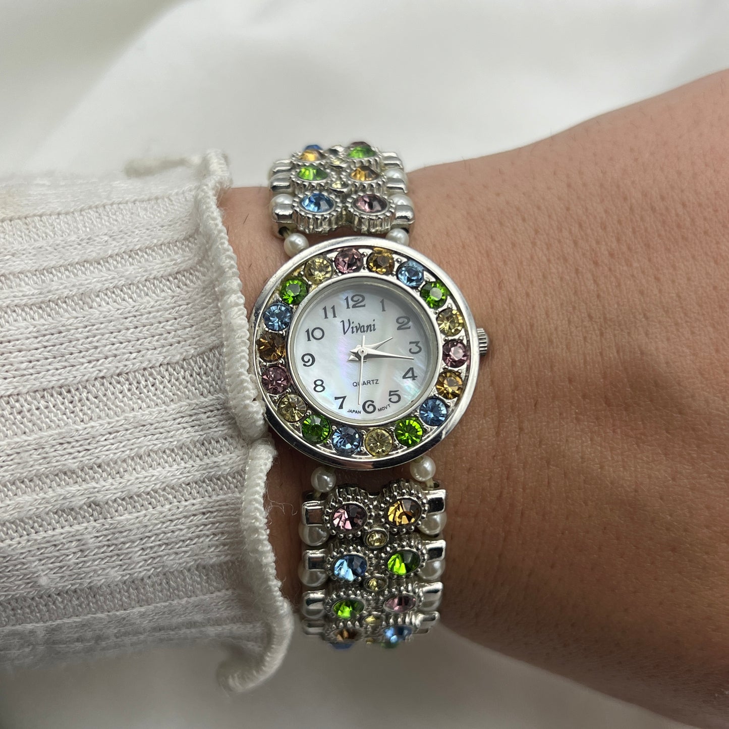 Multi-Colored Crystals & Pearl Watch with Mother of Pearl Dial