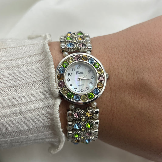 Multi-Colored Crystals & Pearl Watch with Mother of Pearl Dial
