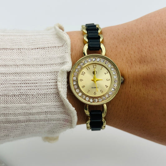 Gold-Toned Watch with Black Detailing