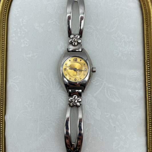 Flower Silver-Tone Watch with Golden Dial