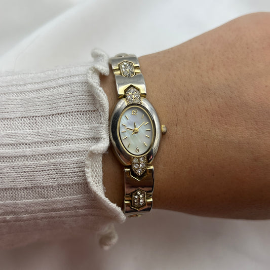 Oval Diamanté Gold-Tone Watch with Mother of Pearl Dial