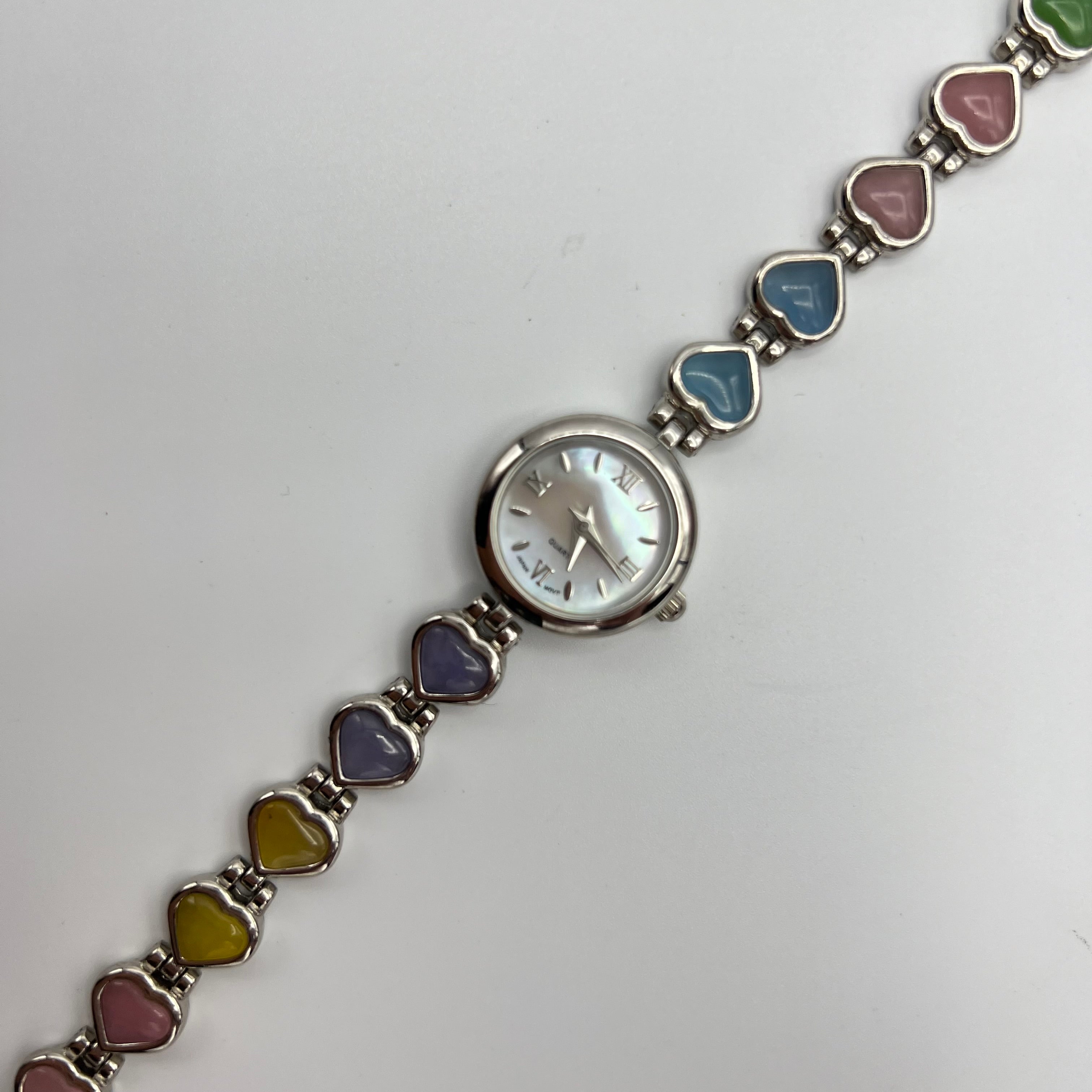 💗💜🩵 Silver-Toned Watch with Rainbow Hearts Strap