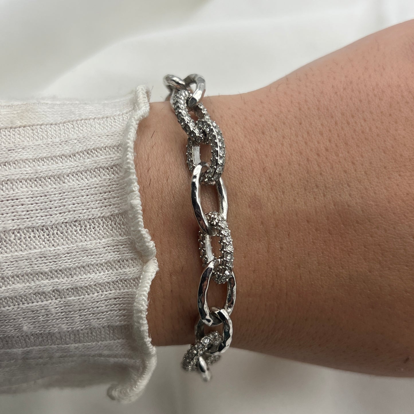 RARE Pave Diamanté & Hammered Oval Link Bracelet