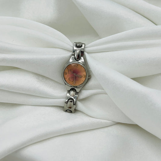 Silver-Toned Watch with Pink Heart Dial
