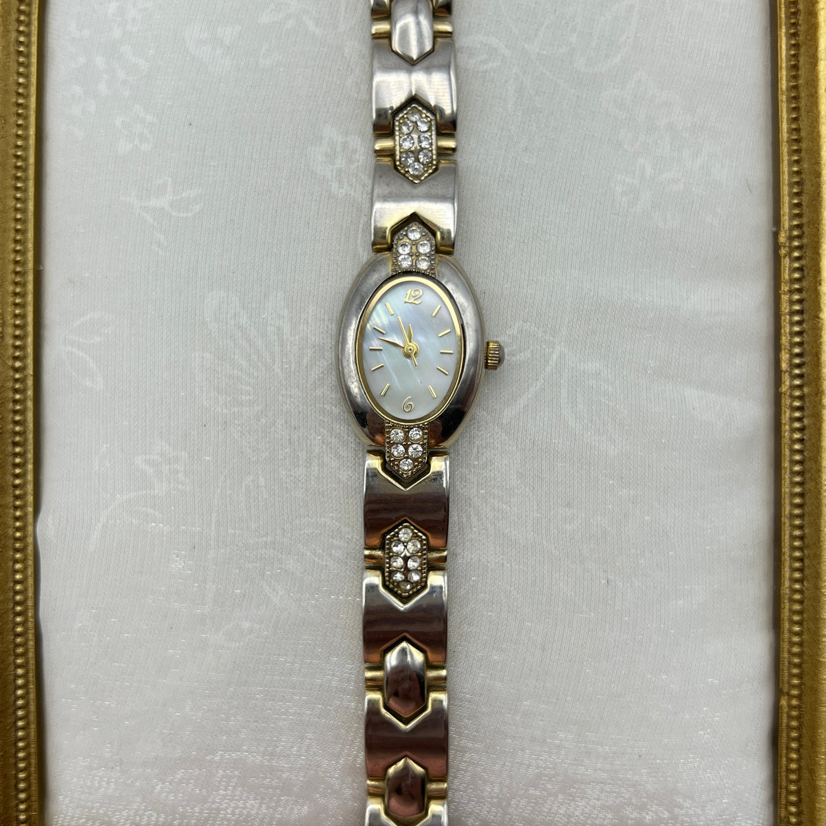 Oval Diamanté Gold-Tone Watch with Mother of Pearl Dial