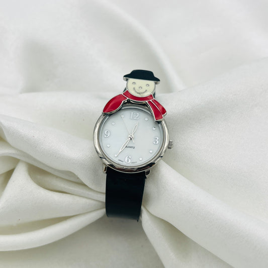 Snowman Black Leather Watch