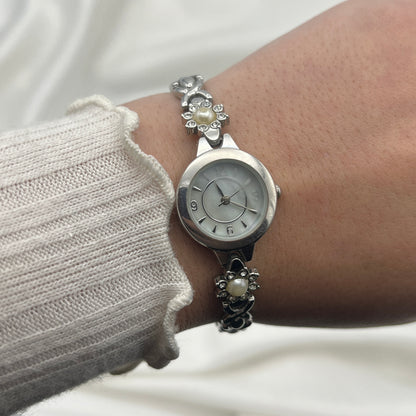 Silver-Tone Pearl Flower Watch with Mother of Pearl Dial