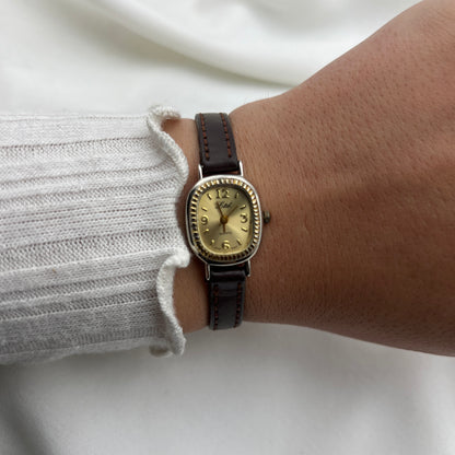 Dainty Gold-Tone Watch with Brown Leather Straps