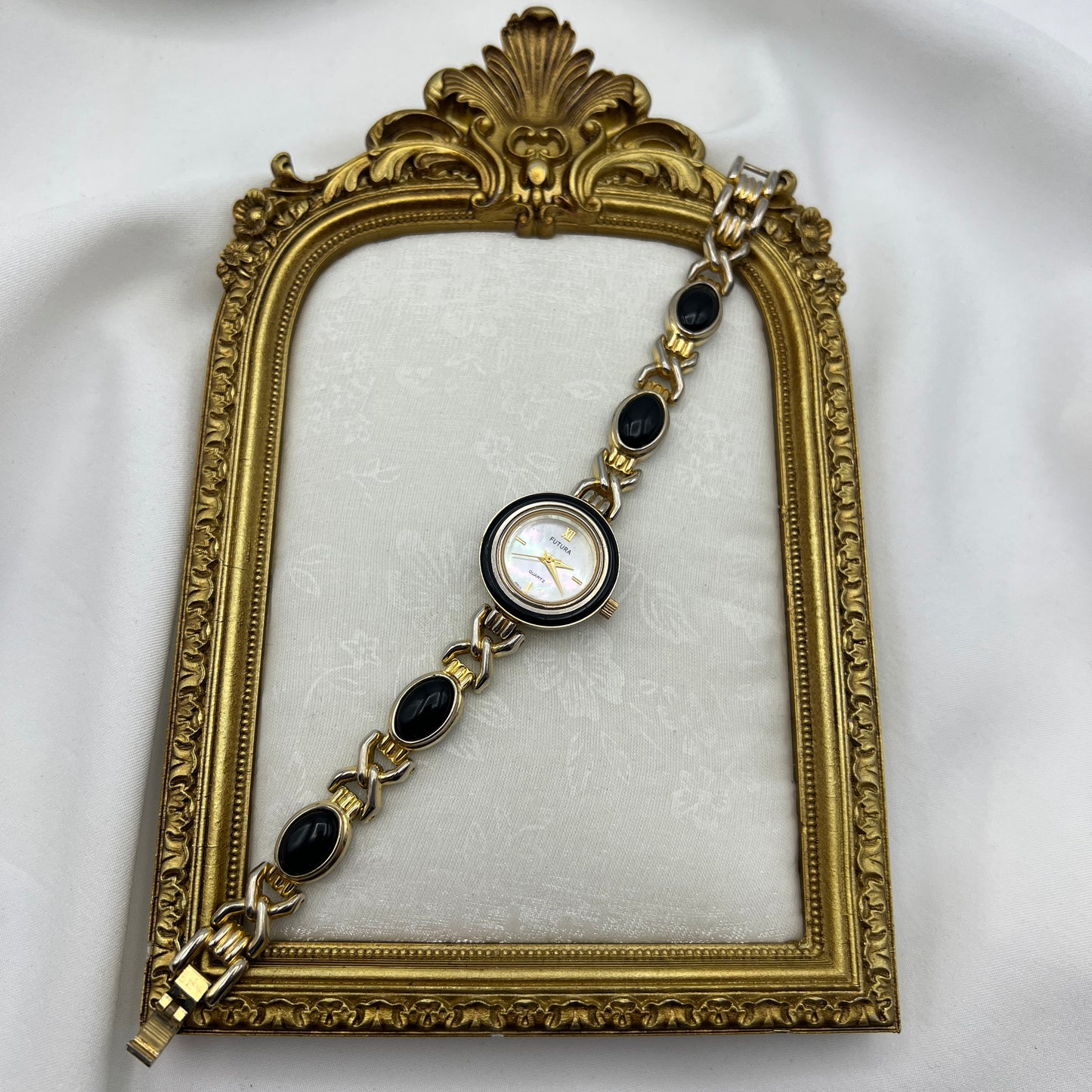 Gold-Tone & Black Detailed Watch with Mother of Pearl Dial
