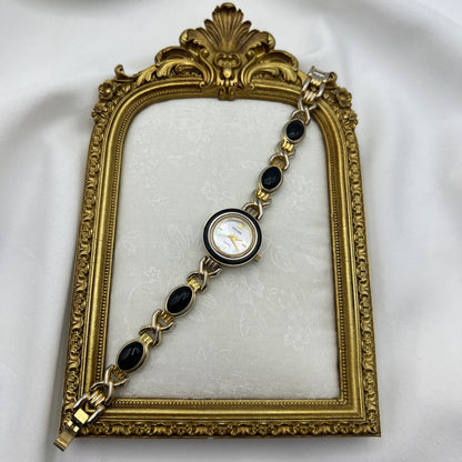 Gold-Tone & Black Detailed Watch with Mother of Pearl Dial