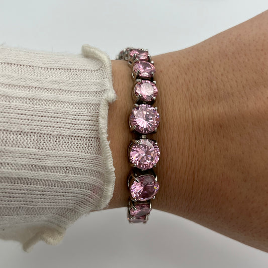 Silver-Toned Bracelet with Pink Gemstones
